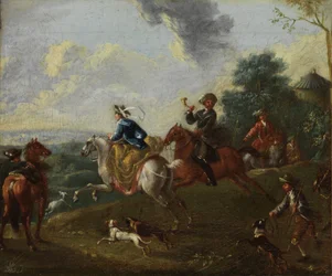 Jagdgesellschaft in hügeliger Landschaft